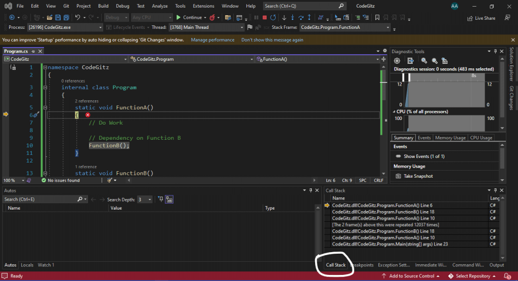 Call Stack Location in VS 2022